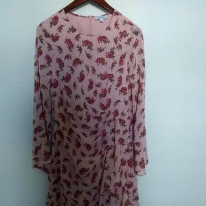 NWOT Waterfall Long Sleeve Pink Floral Ruched Midi Medium Zipper Back Dress
